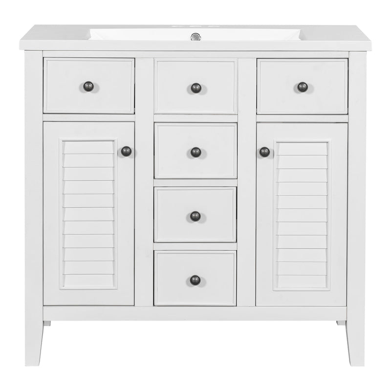 36" Bathroom Vanity with Ceramic Basin, Two Cabinets and Five Drawers, Solid Wood Frame, White