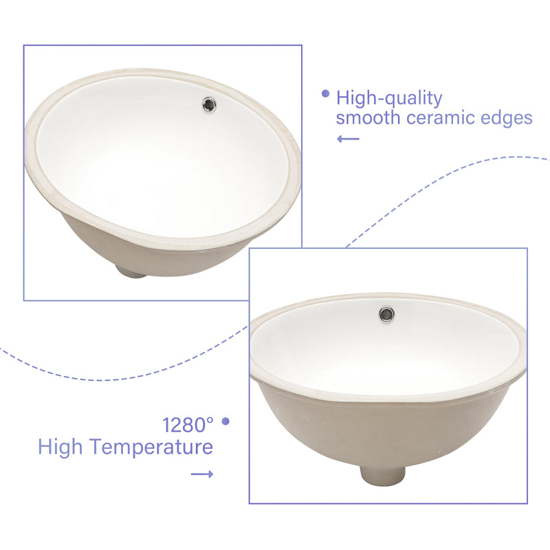 19"x16" Oval Shape Undermount Bathroom Sink Modern Pure White Porcelain Ceramic Lavatory Vanity Sink Basin with Overflow