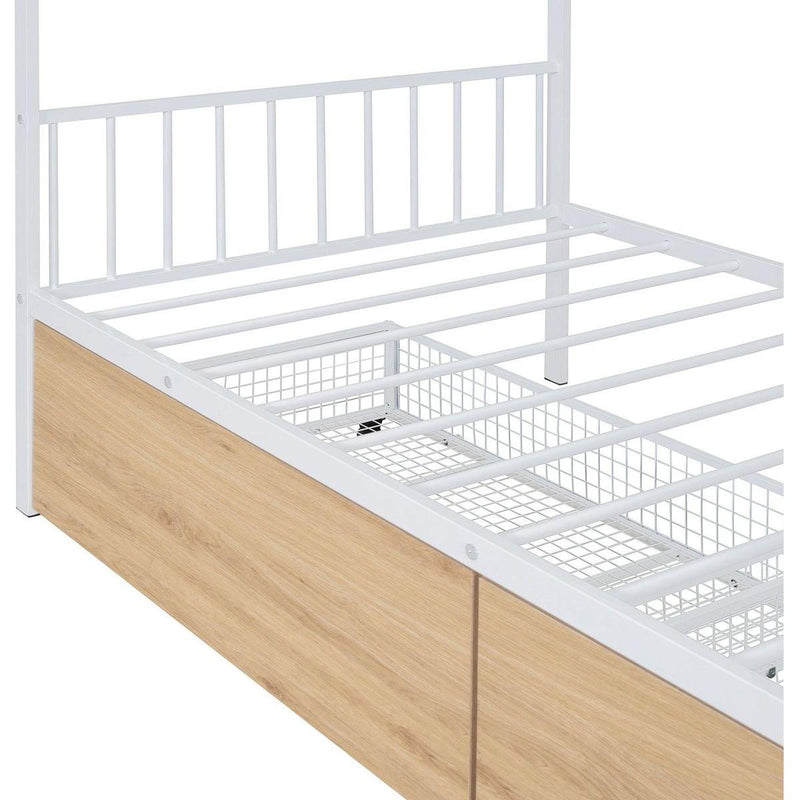 Twin Size Metal House Bed with Two Drawers, White