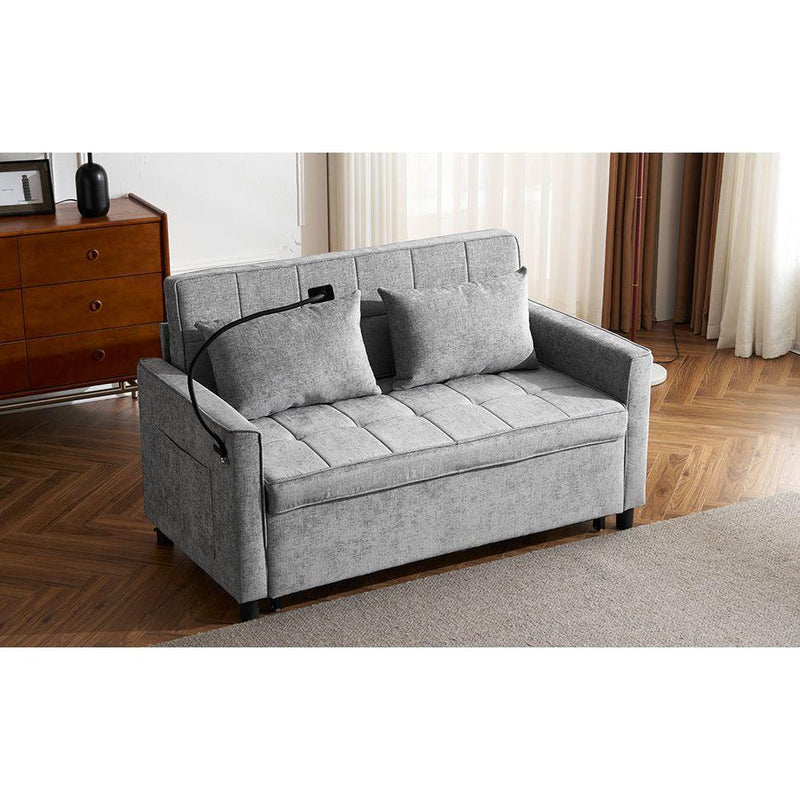 56.9' Loveseat Sofa Pull-out Sofa Bed Sleeper Sofa with a Reversible Backrest Cushion, Side Pockets, Two USB Ports and a Phone Holder for Living Room, Grey