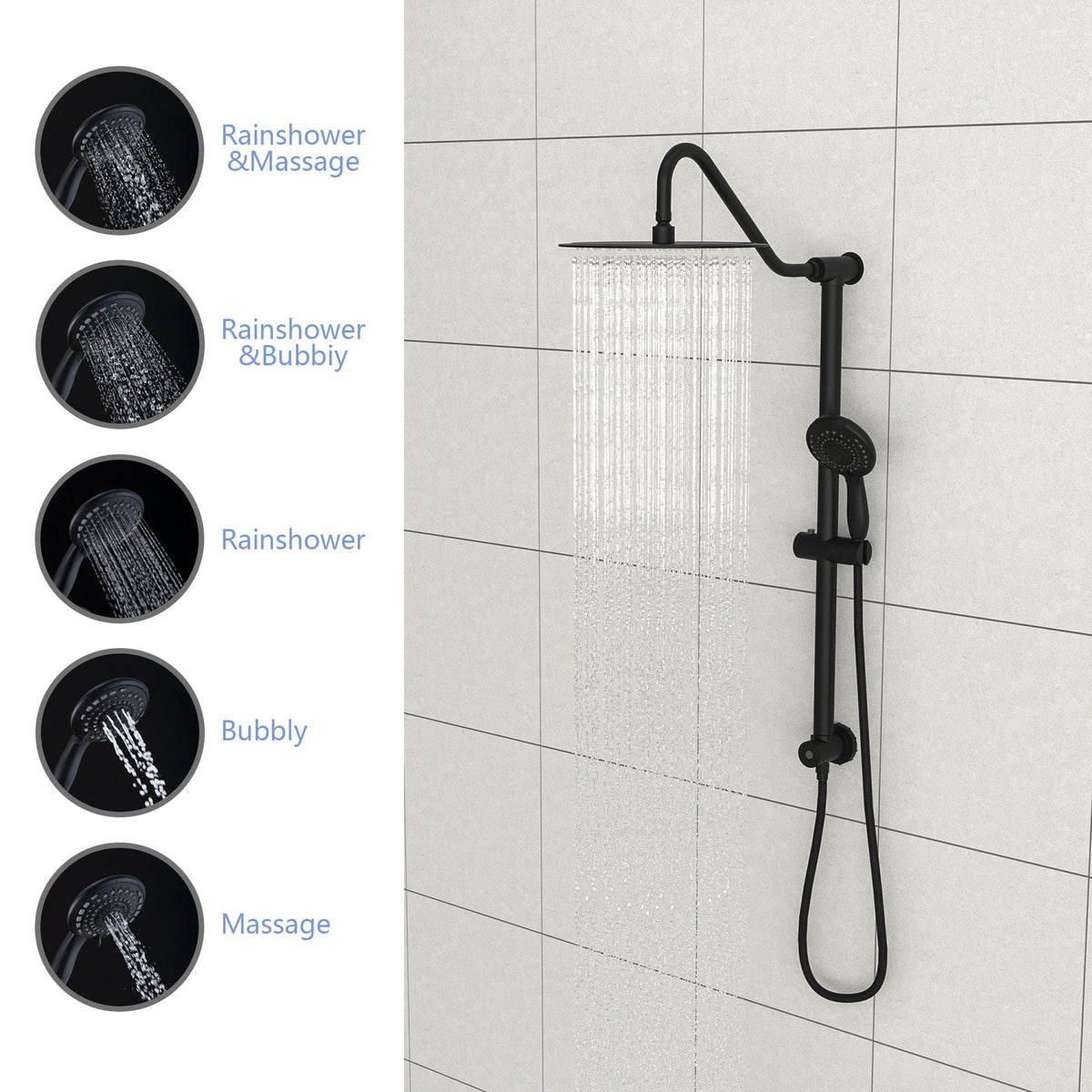 Shower System With 5 Function Rain Hand Shower And Slide Bar Combo, photo 7 of 25