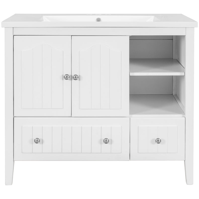 36" Bathroom Vanity with Ceramic Basin, Bathroom Storage Cabinet with Two Doors and Drawers, Solid Frame, Metal Handles, White