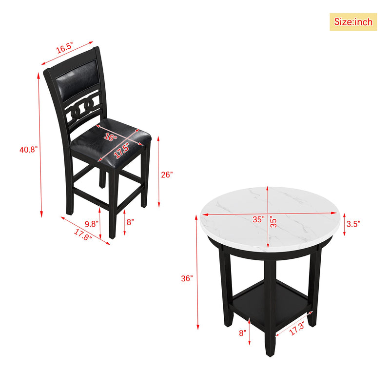 5-piece Counter Height Dining Round Table Set with One Faux Marble Top Dining Table and Four PU-leather Chairs,Dark Espresso