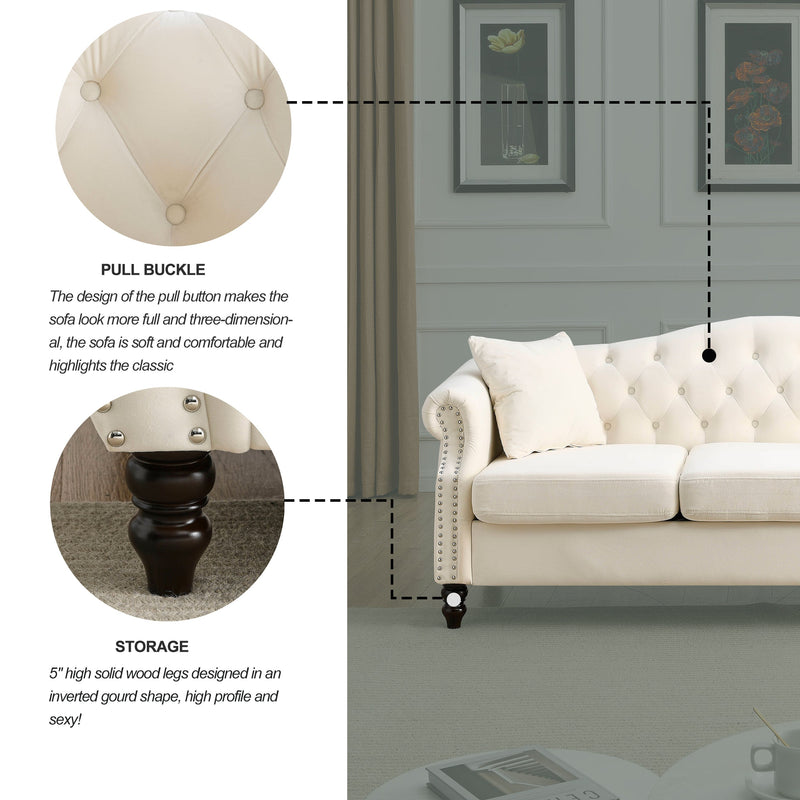 79" Chesterfield Sofa Beige Velvet for Living Room, 3 Seater Sofa Tufted Couch with Rolled Arms and Nailhead for Living Room, Bedroom, Office, Apartment, two pillows