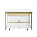 2-in-1 Square Nesting Coffee Table with Wheels & Drawers, Stackable Side Table with High Gloss Marble Grain Top, End Table Set with Brown Tempered Glass for Living Room, White