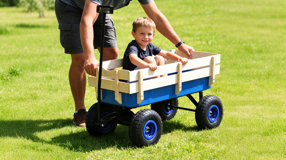Outdoor Wagon All Terrain Pulling Wood Railing Air Tires Garden Cart, photo 3 of 10