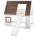 Wood Twin Size House Bunk Bed With Roof, Ladder And Slide - White / Brown by HouseOfZazla