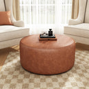 Upholstered Round Ottoman,PU Leather, Cognac Brown