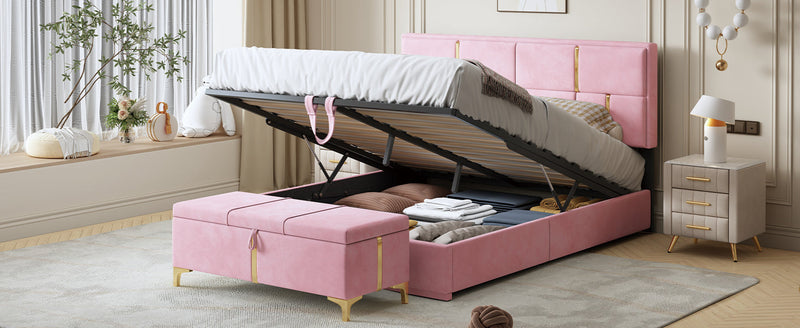 2-Pieces Bedroom Sets,Queen Size Upholstered Platform Bed with Hydraulic Storage System,Storage Ottoman with Metal Legs,Pink