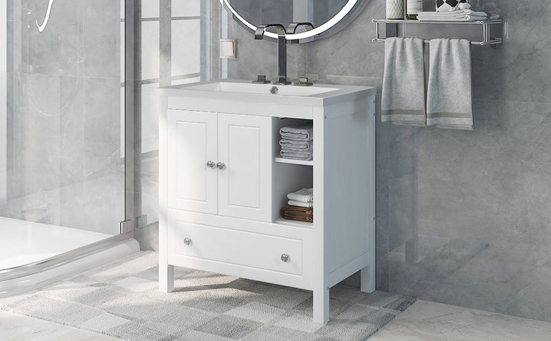 30" Bathroom Vanity with Sink, Bathroom Storage Cabinet with Doors and Drawers, Solid Wood Frame, Ceramic Sink, White