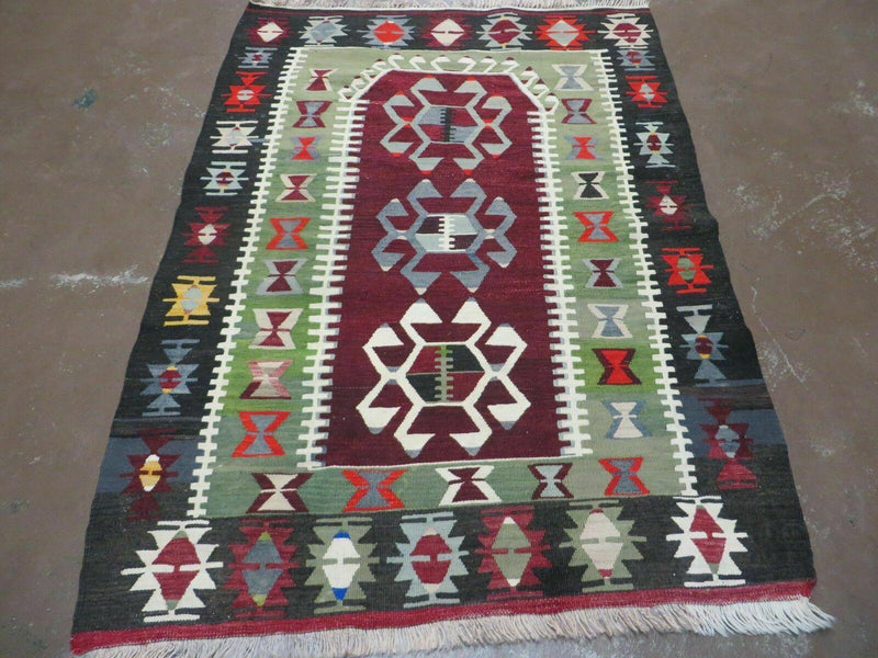 3' 8" X 5' Vintage Turkish Kilim Handmade Flat Weave Wool Rug Veg Dyes