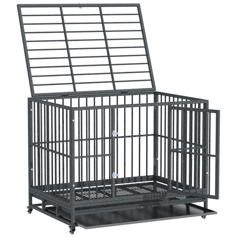 43" Heavy Duty Dog Crate Metal Cage Kennel with Lockable Wheels, Double Door and Removable Tray, Grey
