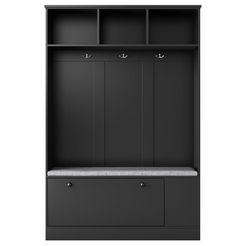 5-in-1 Entryway Bench with Coat Rack, Cushion and 3 Sturdy Hooks, 47.2" Wide Hall Tree with Shoe Storage Bench for Hallway, Entryway, Living Room