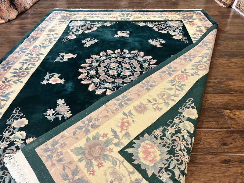 Chinese Art Deco Rug 9x12, Wool Hand Knotted Vintage Carpet, Dark Green & Cream, 90 Line Carving Rug