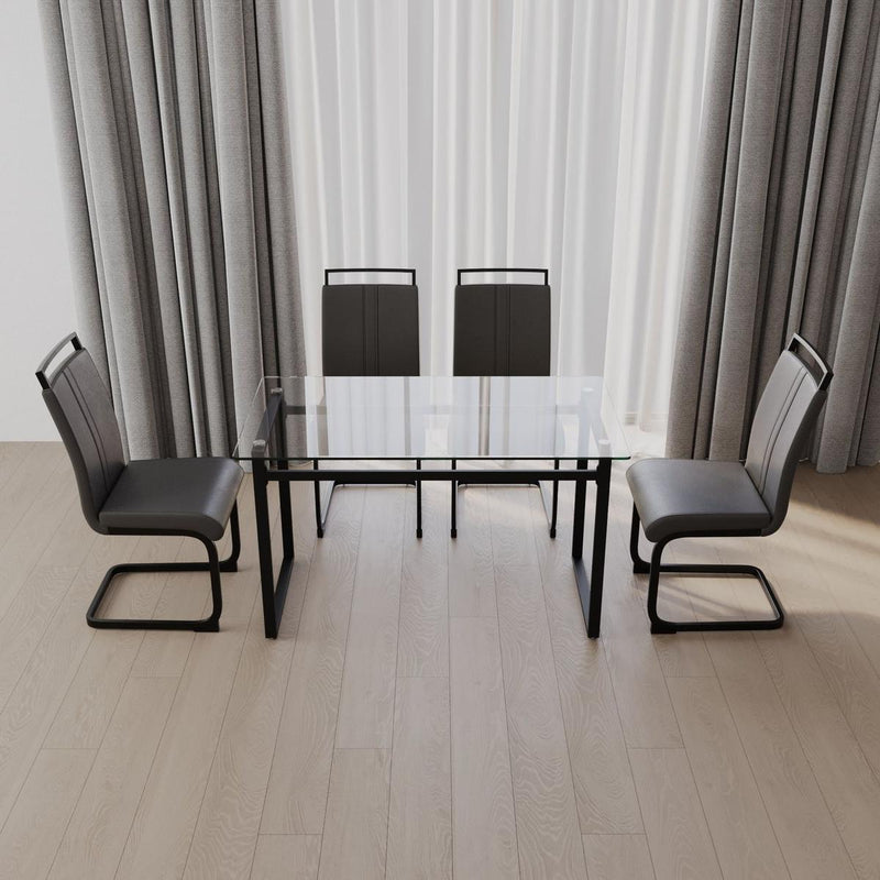 51 inch Glass Dining Table Set for 4, Dining Table & Chair Sets with Black Metal Legs for Kitchen, Modern Rectangle Tempered Glass Table Top and PU Dining armless Chair for Dining Room