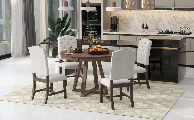 5-Piece Retro Functional Dining Set, Round Table with a 16"W Leaf and 4 Upholstered Chairs for Dining Room and Living Room (Walnut)
