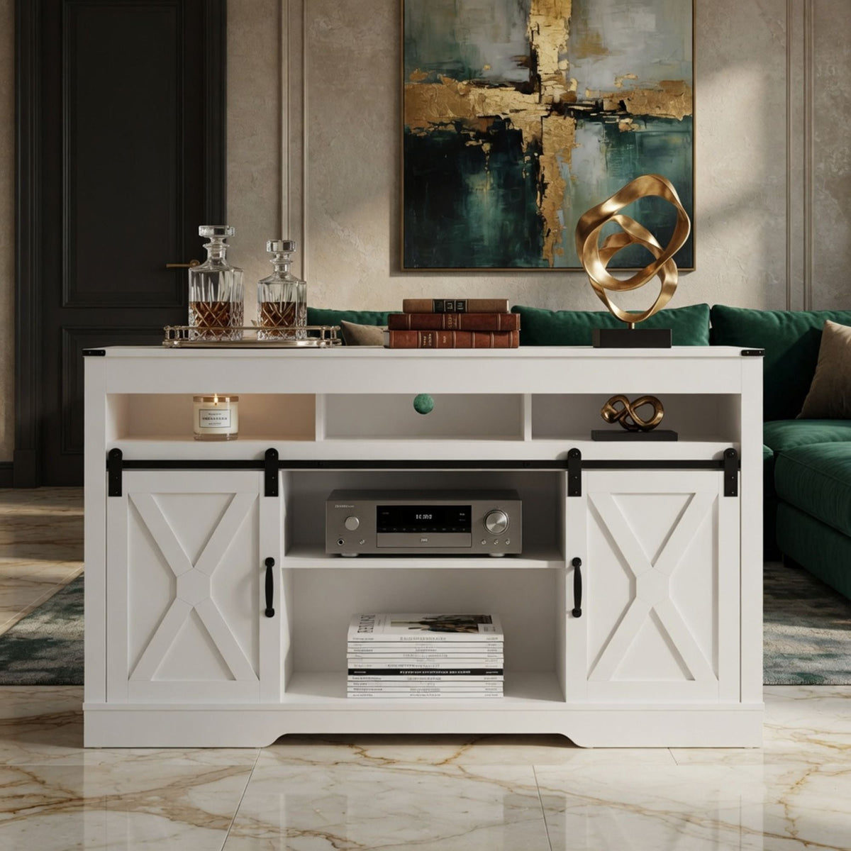 Farmhouse TV Stand With Sliding Barn Doors & Adjustable Storage, photo 9 of 40