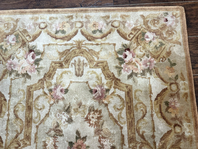 Chinese Aubusson Rug 3.6 x 5, Beige and Gold, Handmade Vintage Elegant European Design Carpet, Plush Wool, Handmade