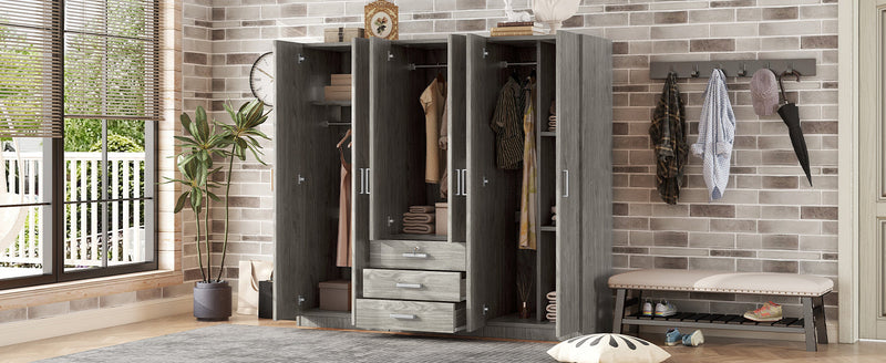 6-Doors Wooden Wardrobe Storage for Bedroom, with Big Drawers, Gray