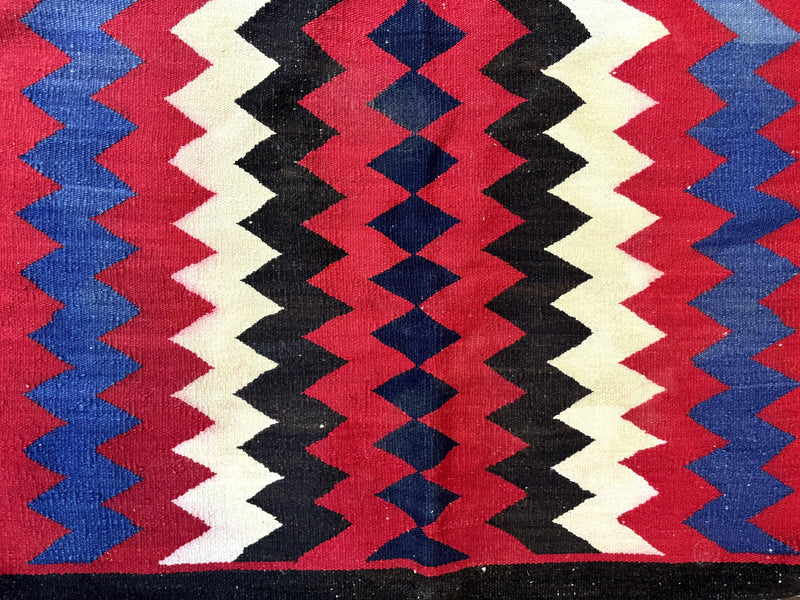 Antique Navajo Rug 3.7 x 2.8, Red Ivory Blue, Zig Zag Pattern, Handmade, Wool