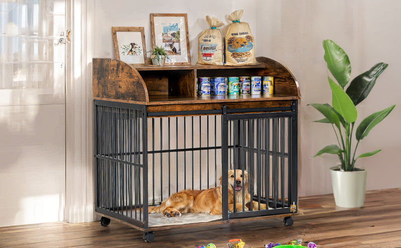 38" Heavy Duty Dog Crate Furniture for Medium Dog with Lockable Wheels, Wooden Dog Crate Dog Kennel, End Table Crate with Double layer storage, Brown