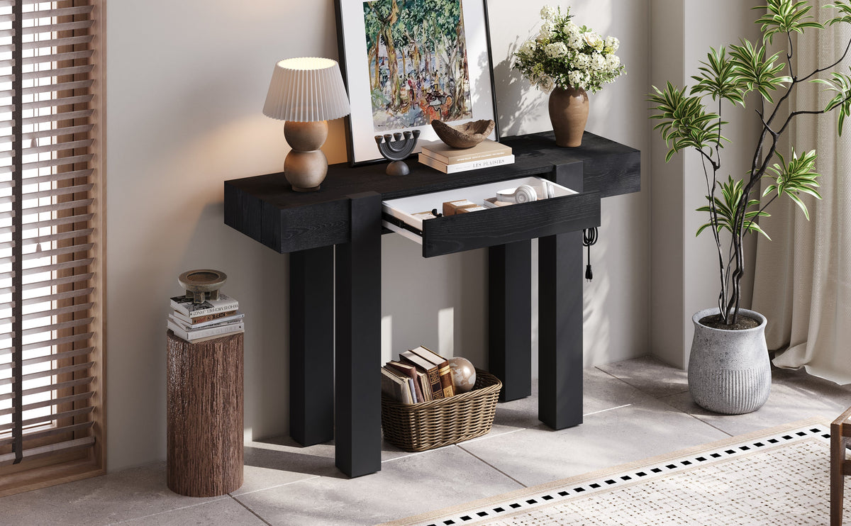 TREXM Rustic Minimalist Console Table with Hidden Drawer, Side Power Outlet, photo 2 of 10