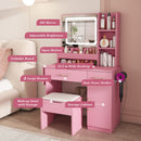 Vanity Desk With LED Mirror Lights And Power Outlet Charging Station, 3 Drawers, 7 Shelves, Storage Stool - Pink by HouseOfZazla