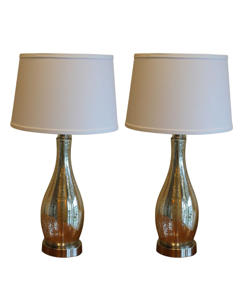 23" Teardrop Lamp Base 2 Pack, Mercury Silver/Gold Glass Table Lamp Set with White Linen Shades