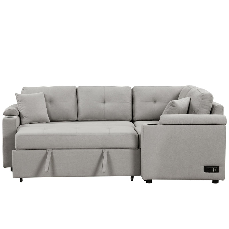 87.4" L-shape Sofa Bed Pull-out Sleeper Sofa with Wheels, USB Ports, Power Sockets for Living Room, Grey