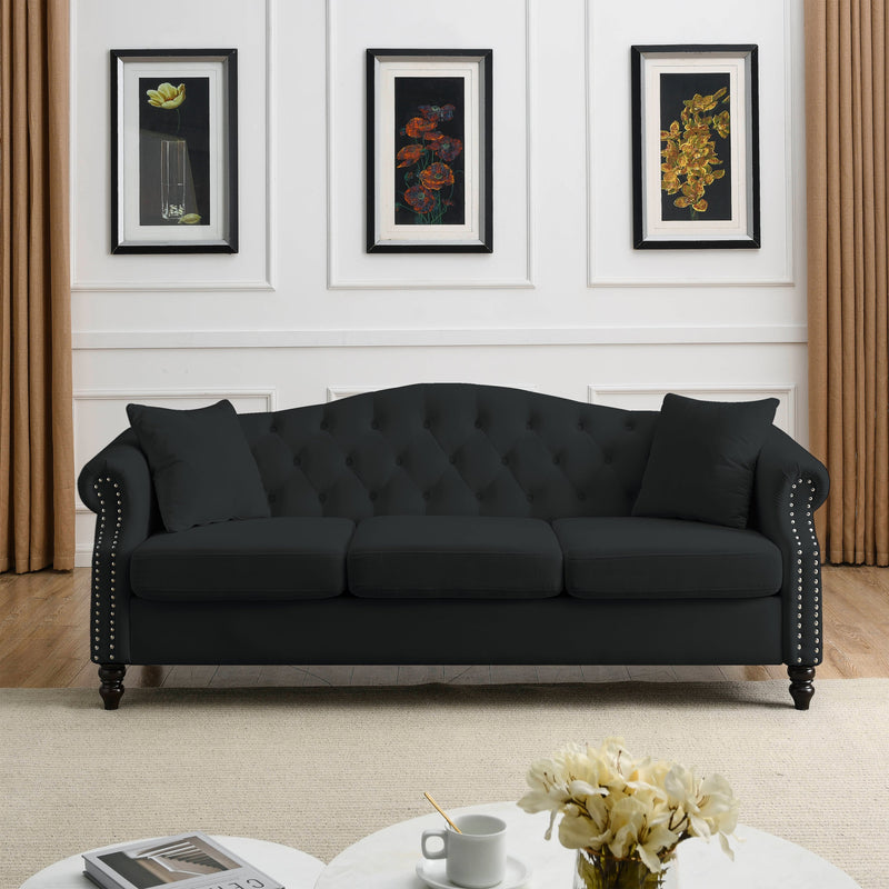 79" Chesterfield Sofa Black Velvet for Living Room, 3 Seater Sofa Tufted Couch with Rolled Arms and Nailhead for Living Room, Bedroom, Office, Apartment, 3S+2S