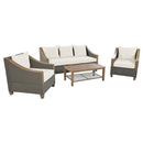 4-Piece Rattan Outdoor Conversation Sofa Set with Wooden Coffee Table and Cushions Seating 5 People for Patio, Garden and Backyard (Grey)
