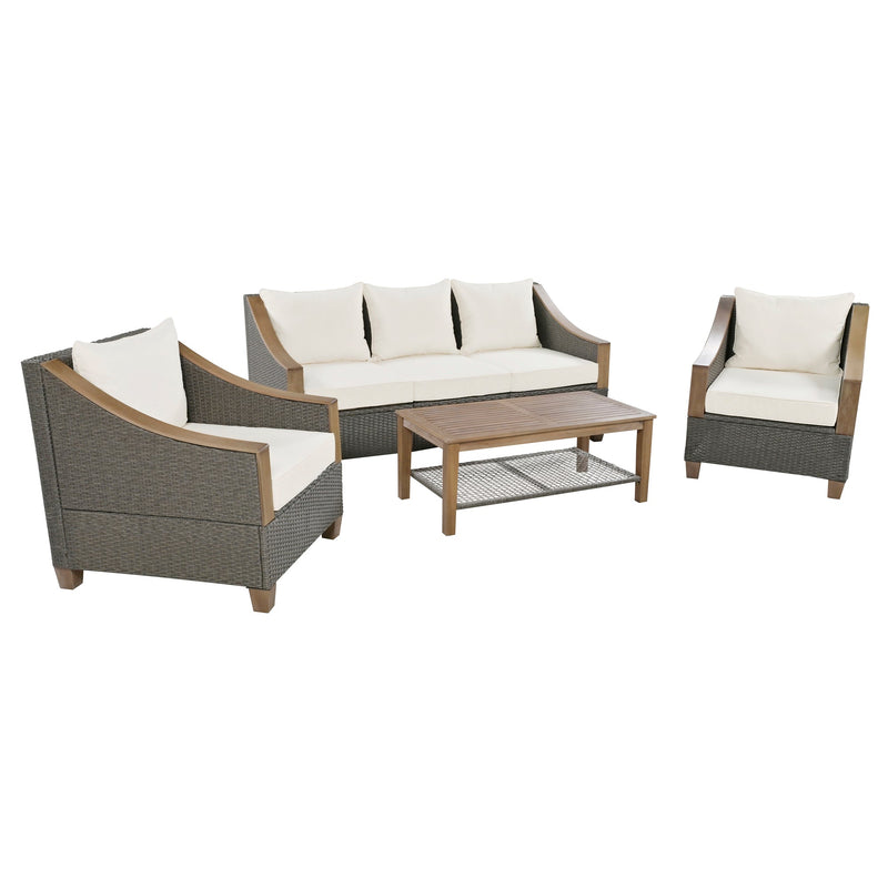 4-Piece Rattan Outdoor Conversation Sofa Set with Wooden Coffee Table and Cushions Seating 5 People for Patio, Garden and Backyard (Grey)