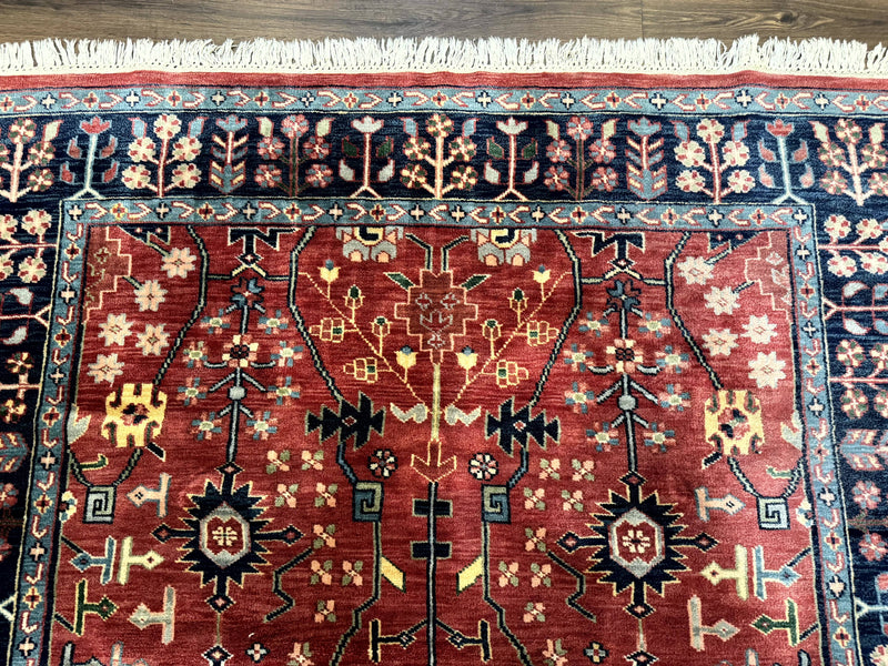 Indo Persian Heriz Serapi Rug 6x8, Rust Red and Navy Blue, Allover Pattern