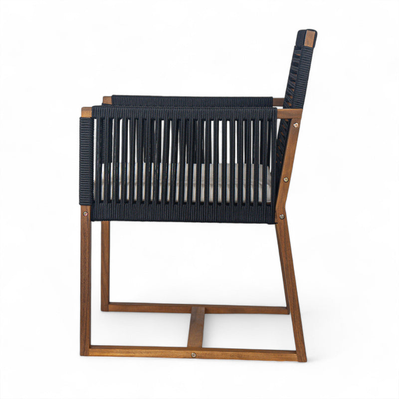 Outdoor Dining Chairs Set of 2, Acacia Wood Patio Armchair with Rope Design Back and Arms and Washable Cushion,for Backyard, Poolside, Garden,Black