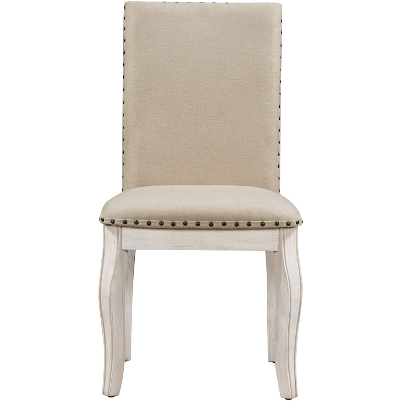 5-Piece Farmhouse Dining Table Set Wood Round Extendable Dining Table and 4 Upholstered Dining Chairs (Oak Natural Wood + Antique White)