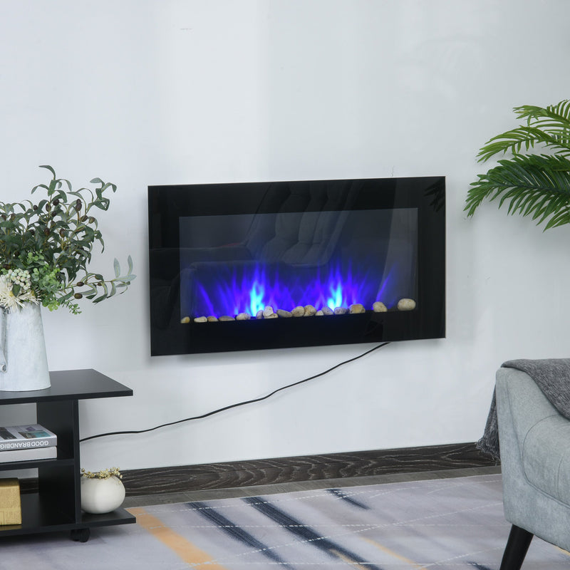 36" 1500W Electric Wall-Mounted Fireplace with Flame Effect, 7 Color Background Light and Side Light, Black