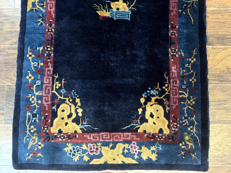Antique Chinese Peking Rug 3x6, Dark Blue, Bird Motif, Handmade Wool Art Deco Asian Oriental Carpet, Pair A
