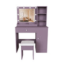 Purple Vanity Desk with Lighted Mirror & Padded Stool