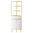 74.8" Tall Modern Corner Bookshelf,Fan-Shaped bookcase with 1 Drawer and 2 Doors, Wooden Standing Corner Shelf with Gold Metal Frame for Living Room,Home Office,White