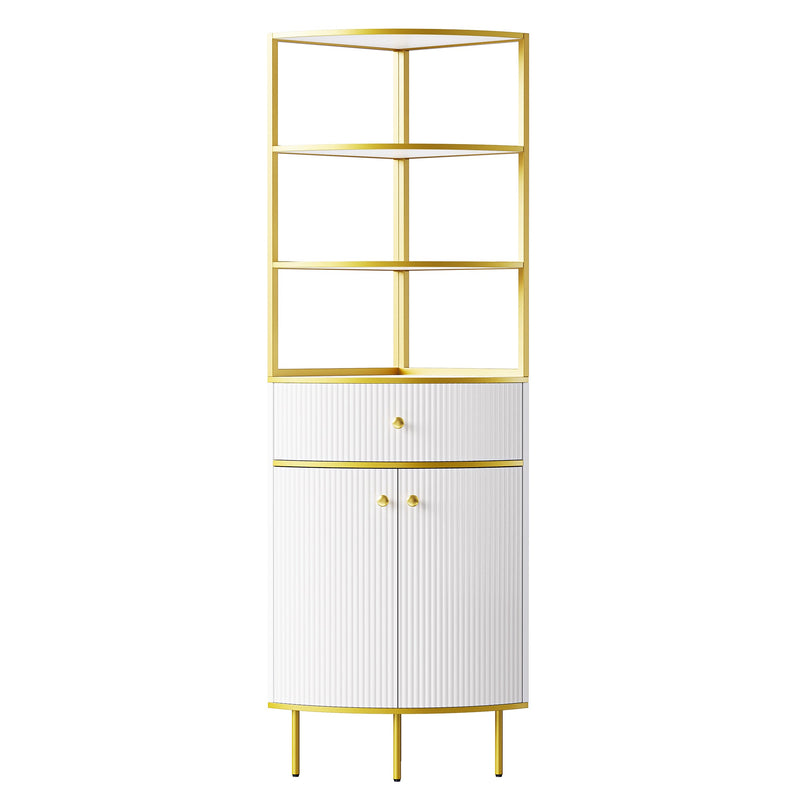 74.8" Tall Modern Corner Bookshelf,Fan-Shaped bookcase with 1 Drawer and 2 Doors, Wooden Standing Corner Shelf with Gold Metal Frame for Living Room,Home Office,White