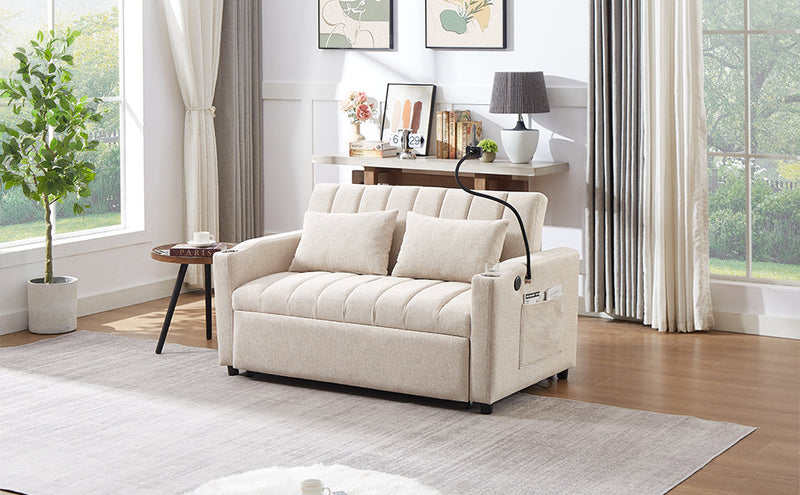 55.9" Convertible Sofa Bed Loveseat Sofa with Three USB Ports, Two Side Pockets, Two Cup Holders and 360Swivel Phone Holder for Living Room, Beige