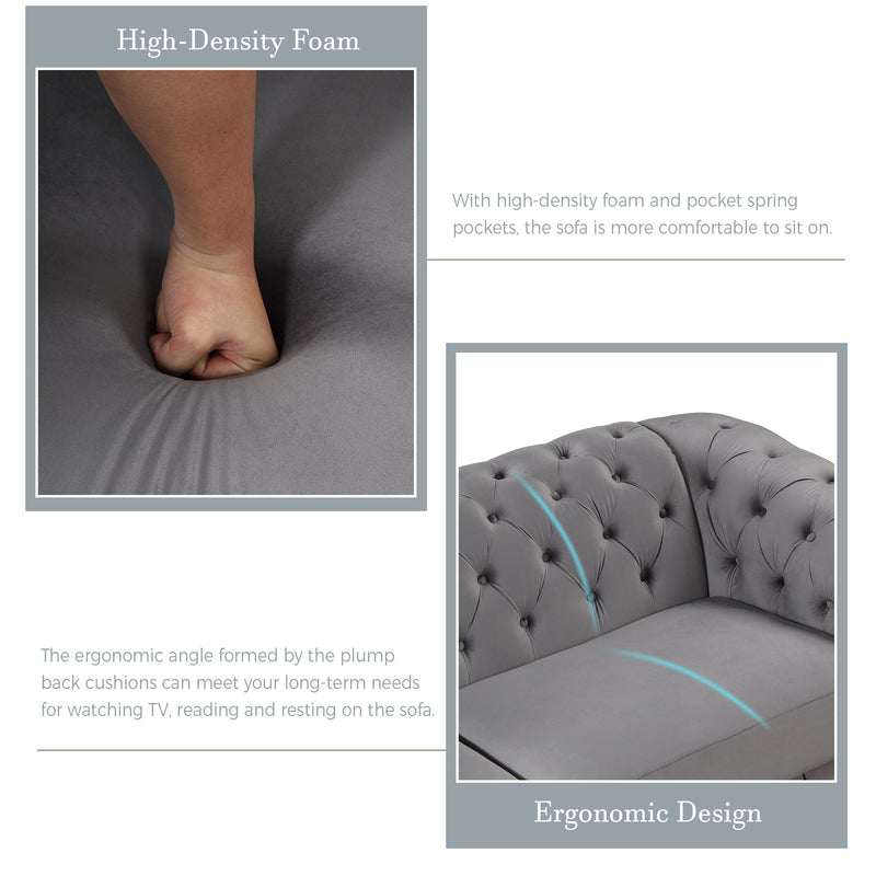 64" Velvet Upholstered Loveseat Sofa, Modern Loveseat Sofa with Thick Removable Seat Cushion, 2-Person Loveseat Sofa Couch for Living Room, Bedroom, or Small Space, Gray