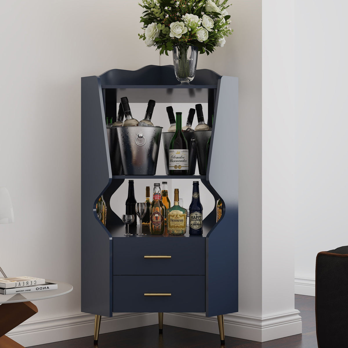 Corner Bar Cabinet With Mirrored Back, 2 Open Shelves & 2 Drawers, photo 6 of 12