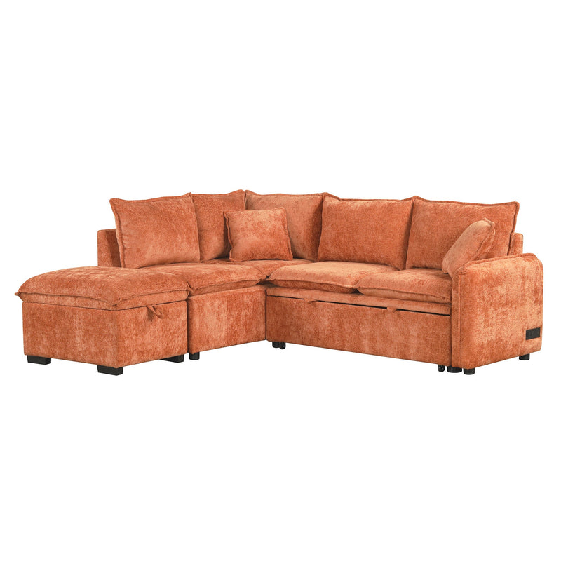 82.67"Convertible Sofa Bed Sectional Sofa Sleeper L-shaped Sofa with a Storage Ottoman,Two Pillows, Two Power Sockets and Two USB Ports for Living Room, Orange