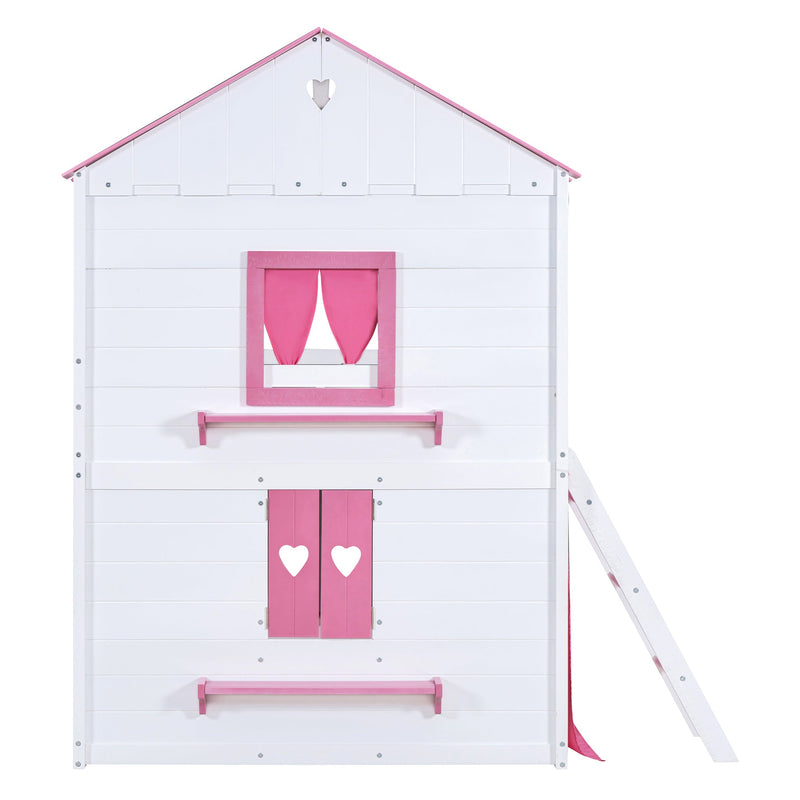 Full Size Bunk Wood House Bed with Elegant Windows, Sills and Tent, Pink+White