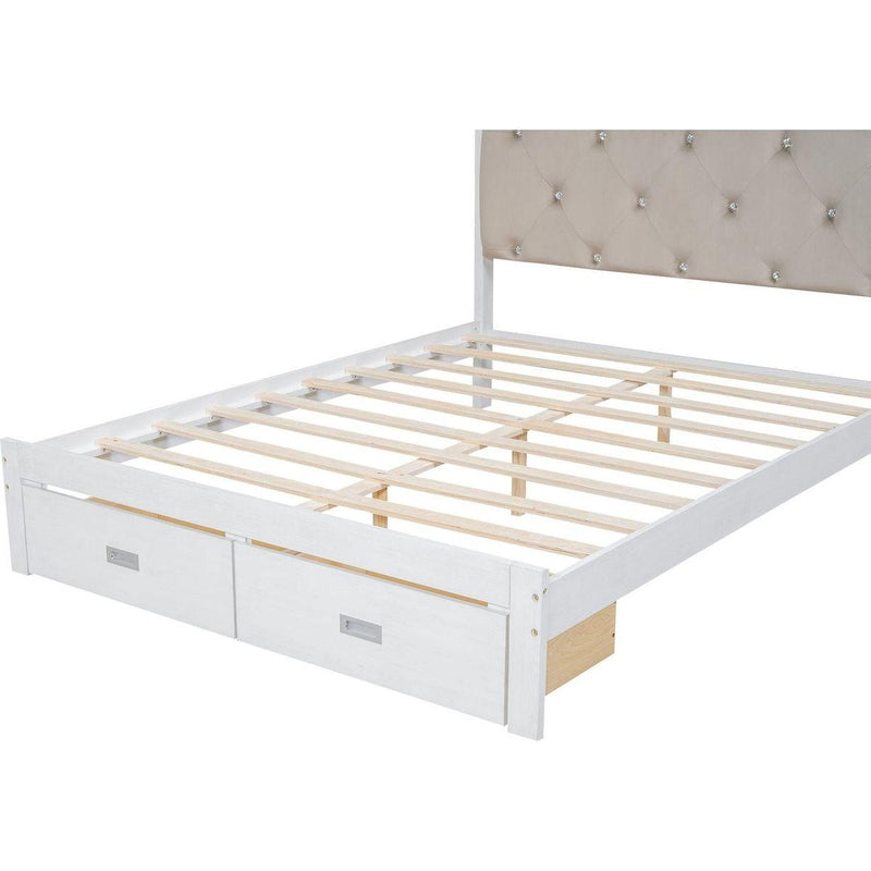Wood Queen Size Platform Bed with Upholstered Headboard and LED and 2 Drawers, Antique White