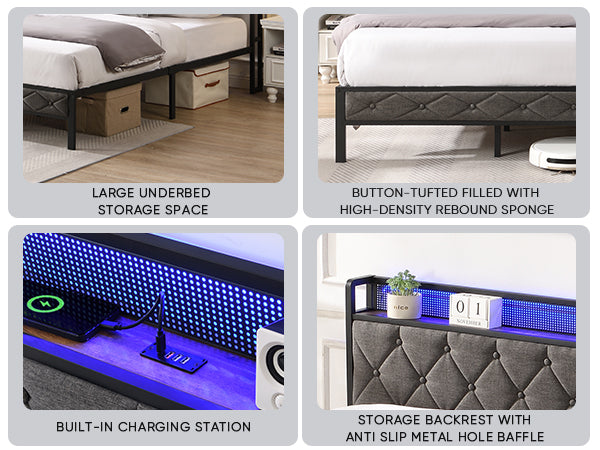 Walker Edison | Upholstered Storage Charging Station and LED Lights Bed