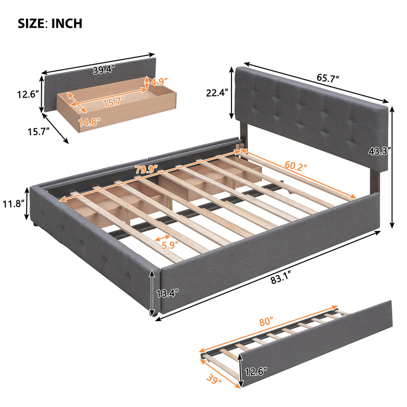 Upholstered Platform Bed with 2 Drawers and 1 Twin XL Trundle, Linen Fabric, Queen Size - Dark Gray