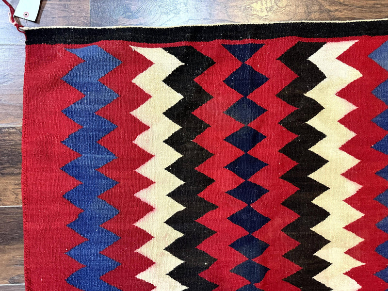 Antique Navajo Rug 3.7 x 2.8, Red Ivory Blue, Zig Zag Pattern, Handmade, Wool