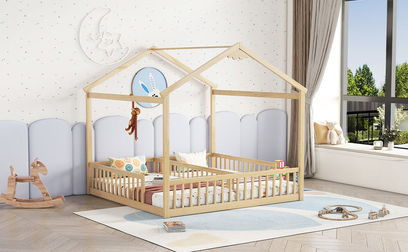 Double Twin House-Style Floor Bed with Fence, Guardrails, without door, Natural(Old Sku:W504P143318)